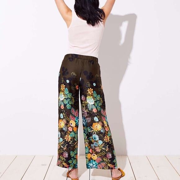 Loft Coral Springs Wide Leg Sateen Olive Green Pants Preppy Colorful Floral Fall - Picture 5 of 9